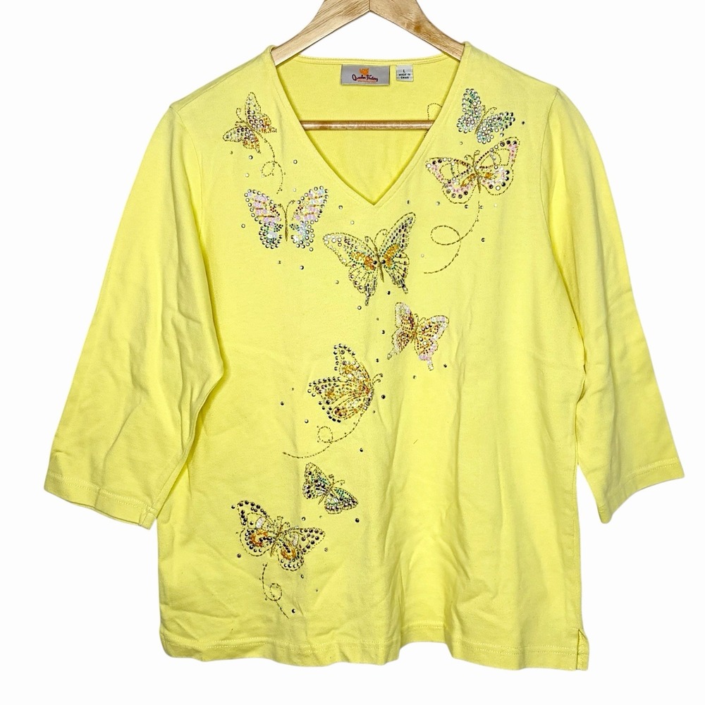 Quacker Factory Butterfly Top Womens Size L Beaded Sequined Embellished Fairy